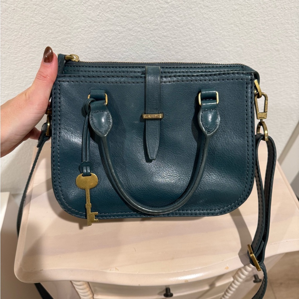 Fossil Teal Leather Crossbody Bag with Gold Accents
